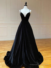 A-Line V Neck Velvet Green Long Prom Dresses, Green Velvet Formal Dress