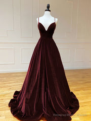 A-Line V Neck Velvet Green Long Prom Dresses, Green Velvet Formal Dress