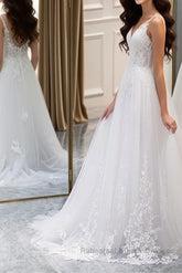 A Line V Neck White Lace Long Semi Formal Prom Dresses, White Lace Wedding Dresses, White Formal Evening Dresses