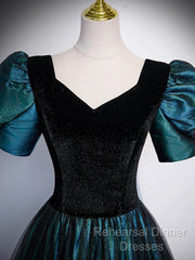 A-Line Velvet And Tulle Long Semi Formal Prom Dress, Short Sleeve  Party Dress Formal Dress