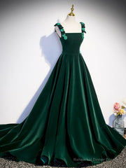A-Line Velvet Green Long Prom Dresses, Green Formal Evening Dresses