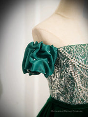 A-Line Velvet Sequin Beads Green Long Prom Dress, Velvet Green Long Formal Dress