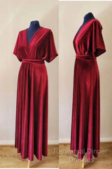 A-Line Velvet V-Neck Formal Dresses Long Bridesmaid Dress