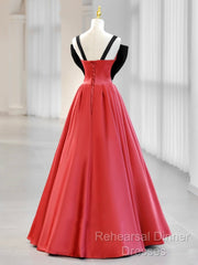 A-Line Watermelon Red Satin Long Semi Formal Prom Dress, Long Formal Dress