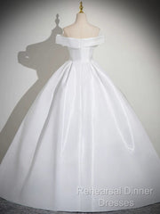 A-Line White Satin Long Semi Formal Prom Dress, White Long Formal Dress