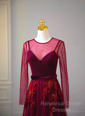 A-Line Wine Red Velvet And Tulle Long Party Dress, Wine Red Evening Dress Semi Formal Prom Dress