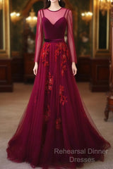 A-Line Wine Red Velvet And Tulle Long Party Dress, Wine Red Evening Dress Semi Formal Prom Dress