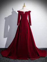 A-line Wine Red Velvet Long Sleeves Low Back Prom Dress, Wine Red Party Dress