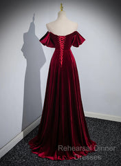 A-Line Wine Red Velvet Sweetheart Wedding Party Dress, Wine Red Velvet Semi Formal Prom Dress
