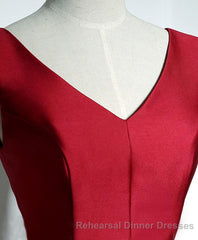 Simple Burgundy Satin V Neck Short Semi Formal Prom Dress, Evening Dress