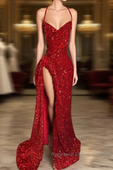 Red Sequins Semi Formal Prom Dress with Slit Shiny Floor-Length Party Dress