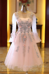 Adorable Pink Tulle Knee Length Long Sleeves Party Dress, Pink Homecoming Dress