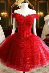 Adorable Red Sweetheart Shiny Tulle Off Shoulder Short Homecoming Dress, Red Party Dress