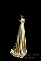 Aesthetic A Line Halter Neckline Champagne Satin Semi Formal Prom Dress Ruffle Long Party Dress