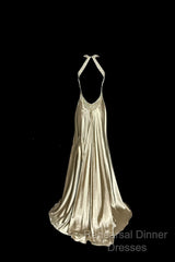 Aesthetic A Line Halter Neckline Champagne Satin Semi Formal Prom Dress Ruffle Long Party Dress