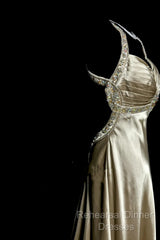 Aesthetic A Line Halter Neckline Champagne Satin Semi Formal Prom Dress Ruffle Long Party Dress