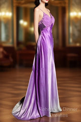 Aesthetic A Line Halter Neckline Lilac Satin Semi Formal Prom Dress Ruffle Long Party Dress