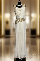 Aesthetic A Line Square Neckline White Chiffon Semi Formal Prom Dress Ruffle Long Party Dress