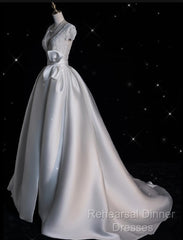 Aesthetic Ball Gown V Neckline Satin White Long Wedding Dresses Brides Dress