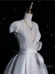 Aesthetic Ball Gown V Neckline Satin White Long Wedding Dresses Brides Dress