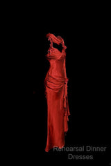 Aesthetic Mermaid Halter Neckline Red Satin Semi Formal Prom Dress Ruffle Long Party Dress