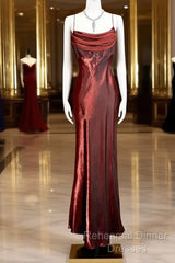 Aesthetic Mermaid Spaghetti Straps Burgundy Semi Formal Prom Dress Ruffle Long Party Dress