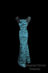 Aesthetic Mermaid Square Neckline Blue Taffeta Semi Formal Prom Dress Ruffle Long Party Dress