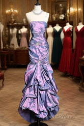 Aesthetic Mermaid Strapless Neckline Grape Taffeta Evening Prom Dress Ruffle Long Party Dress