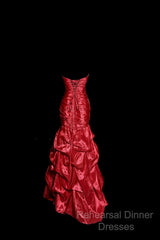 Aesthetic Mermaid Strapless Neckline Red Taffeta Semi Formal Prom Dress Ruffle Long Party Dress