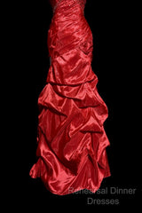 Aesthetic Mermaid Strapless Neckline Red Taffeta Semi Formal Prom Dress Ruffle Long Party Dress