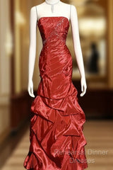 Aesthetic Mermaid Strapless Neckline Red Taffeta Semi Formal Prom Dress Ruffle Long Party Dress