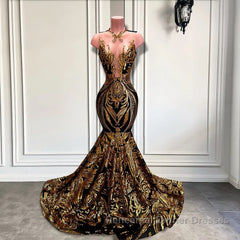 Long Sleeveless Mermaid Semi Formal Prom Dresses with Gold Sequins