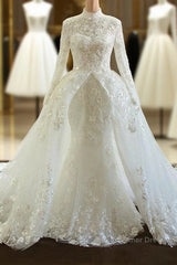 Amazing Long Mermaid High Neck Tulle Lace Wedding Dress with Sleeves