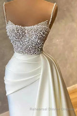 Amazing Long Mermaid Strapless Sequins Pearls Satin Semi Formal Prom Dresses