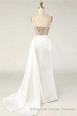 Amazing Long Mermaid Strapless Sequins Pearls Satin Semi Formal Prom Dresses