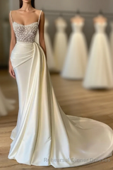 Amazing Long Mermaid Strapless Sequins Pearls Satin Semi Formal Prom Dresses