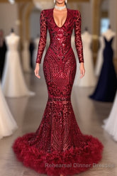 Amazing Sequins V-neck Long Sleeve Mermaid Semi Formal Prom Dresses