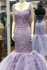 Appliques Mermaid Backless Lavender Straps Purple Lace Semi Formal Prom Dress