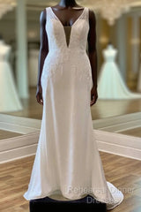 Appliques Sheer Straps Open Back Mermaid Long Wedding Dress