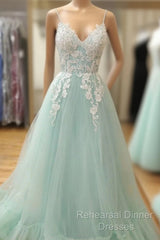 Appliques Spaghetti Straps Mint Green Tulle A Line Semi Formal Prom Dress
