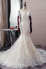 Autumn Long Sleevess Mermaid Lace appliques Ivory Wedding Dresses