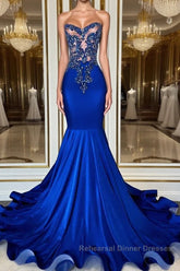 Royal Blue High Neck Sleeveless Mermaid Semi Formal Prom Dresses with Beadings