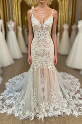 Elegant V Neck Mermaid Lace Appliques Wedding Dress