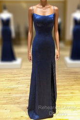 Backless Dark Navy Blue Long Semi Formal Prom Dresses Evening Dresses