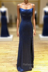 Backless Dark Navy Blue Long Semi Formal Prom Dresses Evening Dresses