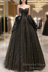 Ball Gown Black Sweetheart Neck Satin Tulle Long Semi Formal Prom Dress