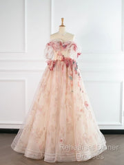 Ball Gown Champagne Tulle Floral Semi Formal Prom Dress