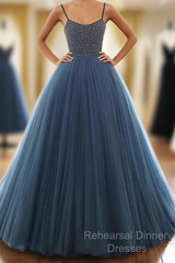 Ball Gown Deep Blue Tulle Semi Formal Prom Dress Evening Dress With Beading,