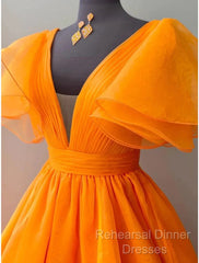 Ball Gown Evening Gown Celebrity Style Dress Wedding Party Dress Floor Length Short Sleeve V Neck Fall Wedding Guest Organza With Pleats Ruffles