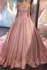 Ball Gown Pink Sweetheart Lace Semi Formal Prom Formal Dress With Court Train